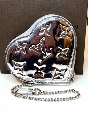 Louis Vuitton Silver Monogram Miroir Heart Coin Pouch with Chain